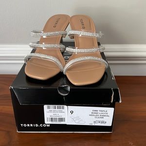 Embroidered Triple Band Lucite Heeled Sandal (WW).